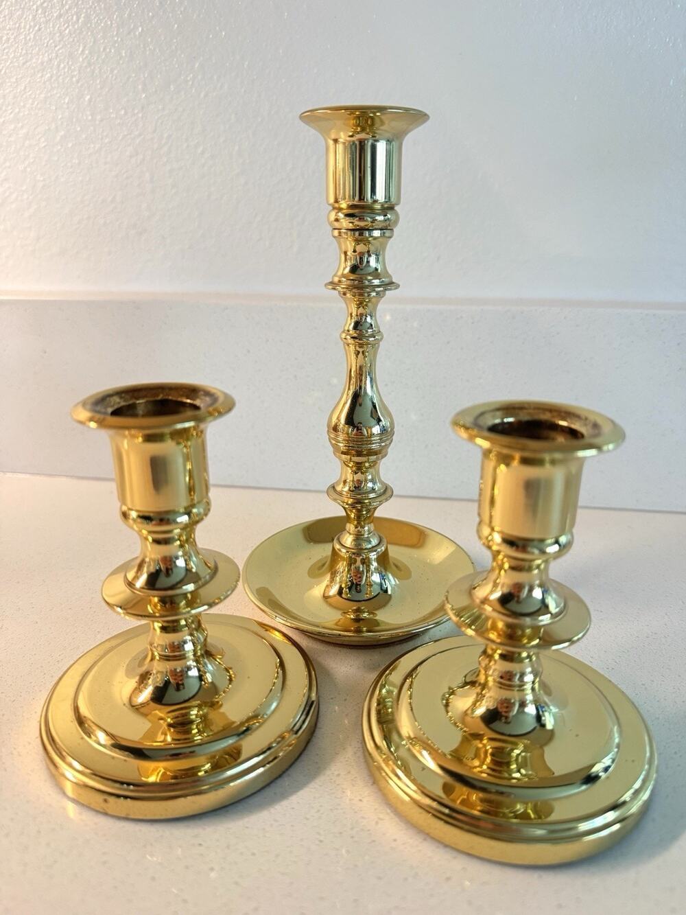 Vintage Baldwin Solid Brass Candlesticks Set 3 Gold USA ForgedGraduated Colonial